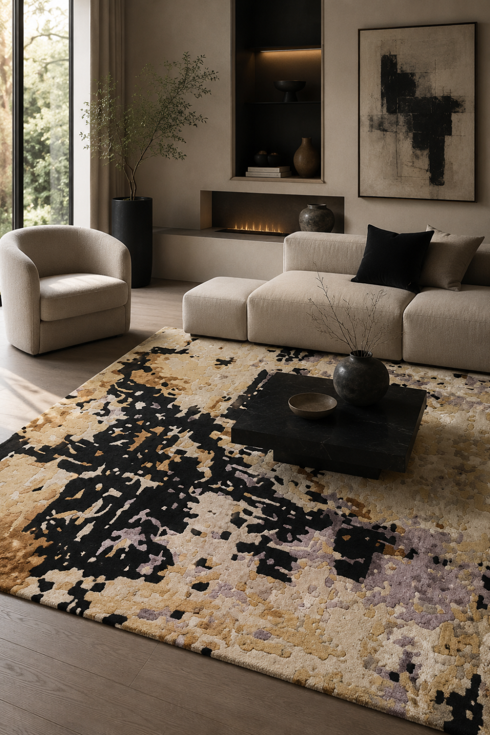 Golden Trace abstract rug styled beneath a coffee table in a refined contemporary living room