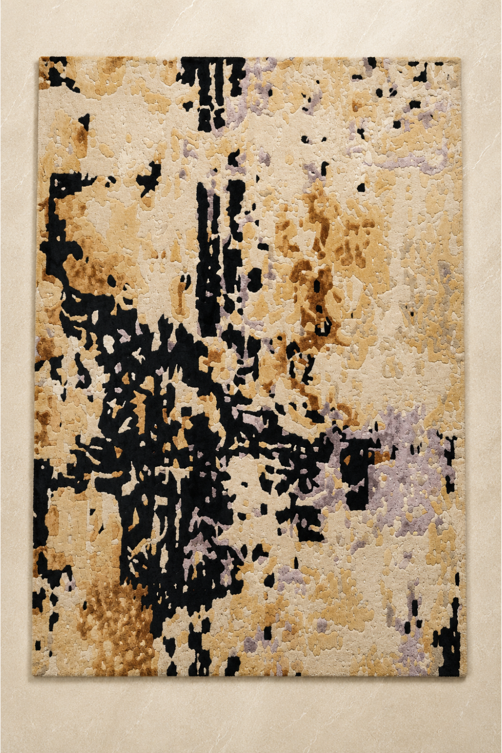 Golden Trace abstract rug with ivory, gold, black and lavender accents shown in a contemporary neutral living room