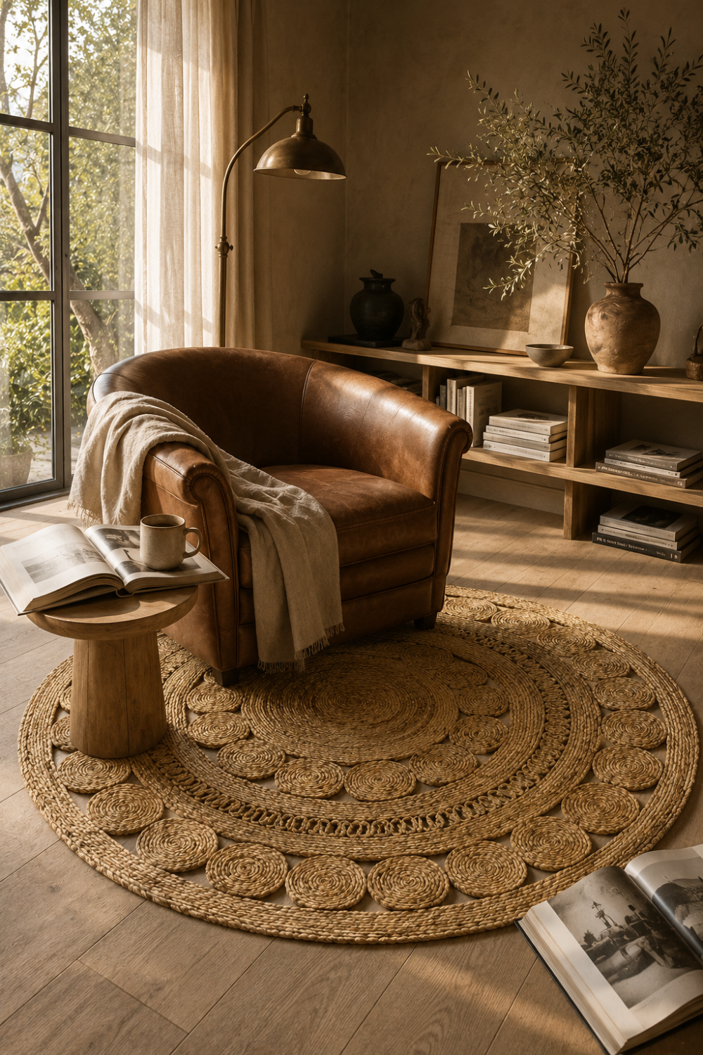 Halo Weave Round Rug styled in a warm organic modern living room with leather seating and handcrafted wooden furniture.