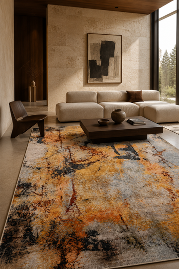 Hand knotted abstract rug and carpet styled in a sophisticated contemporary living room