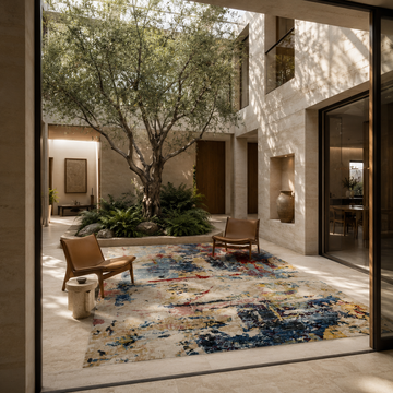 Hand knotted abstract rug and carpet styled in an architectural indoor courtyard with greenery