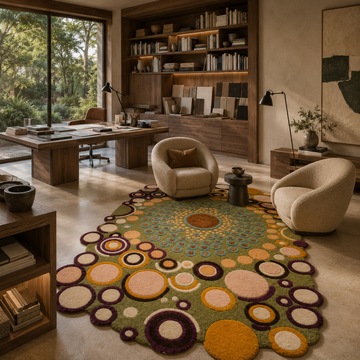 Colorful hand tufted rug and carpet styled in a contemporary creative studio interior