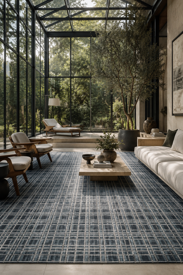 Harbor Grid luxury handloom wool and viscose blue contemporary area rug styled in a modern glass house living room with luxury interiors