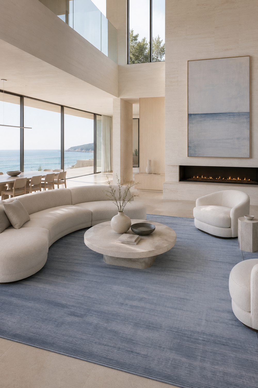 Harbor Sky Handloom Plain Viscose rug styled in a contemporary living room with soft powder blue tones and handcrafted luxury design.

