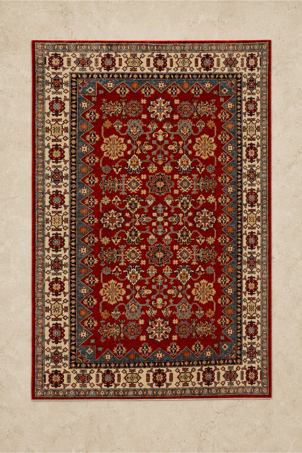 Heritage Crimson Kazak Traditional Hand Knotted Rug featuring an antique crimson field with traditional Kazak geometric motifs and premium hand-knotted wool construction.