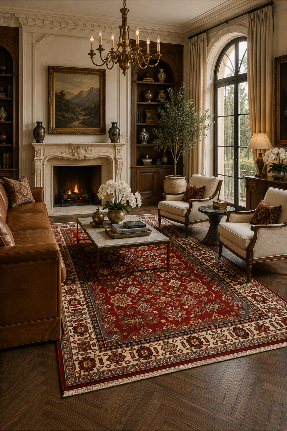 Heritage Crimson Kazak Traditional Hand Knotted Rug styled in a luxury classic living room featuring rich tribal motifs and artisan craftsmanship.