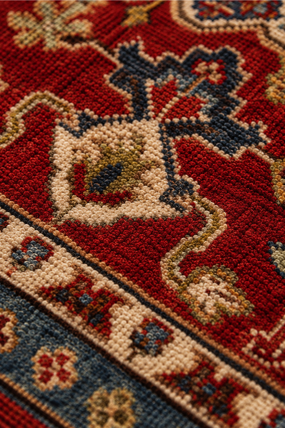 Close-up of the Heritage Crimson Kazak Traditional Hand Knotted Rug showcasing dense hand knots, premium New Zealand wool fibres, and intricate tribal detailing.