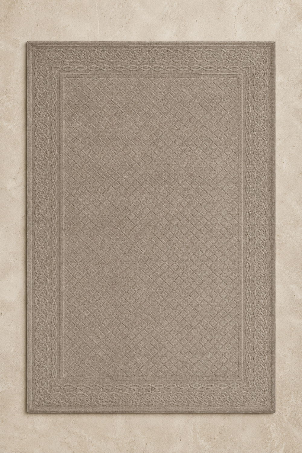 Heritage Lattice Border Rug handcrafted in Handloom Viscose Tencel Bamboo with a textured lattice centre and elegant ornamental border in warm taupe.