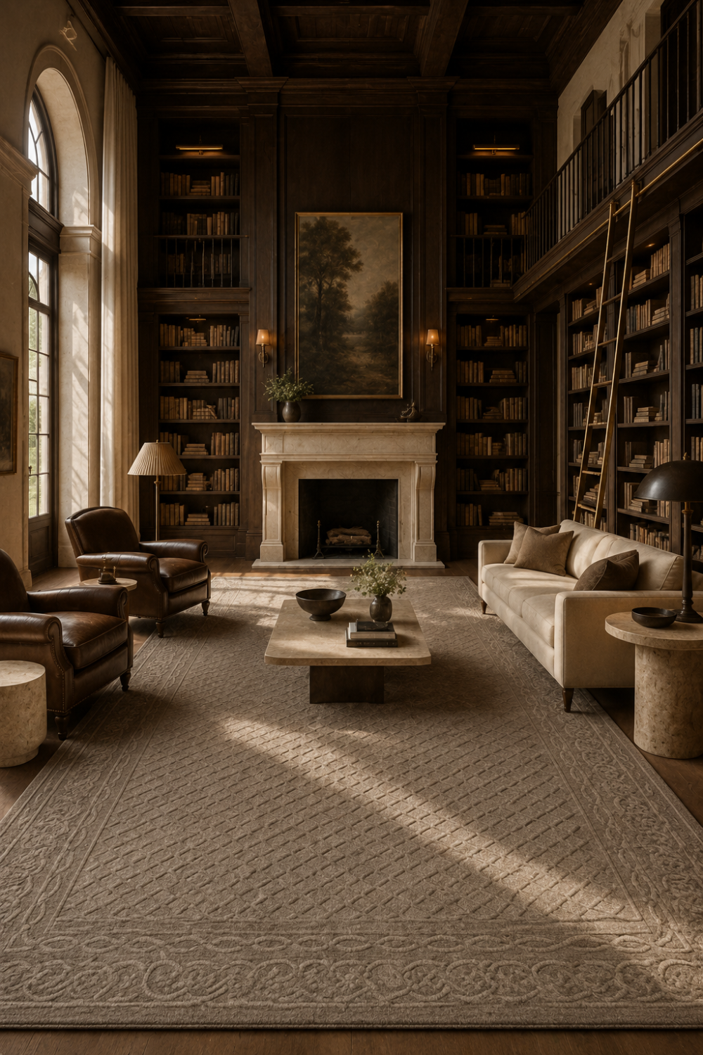 Heritage Lattice Border Rug in Handloom Viscose Tencel Bamboo styled inside a luxury library featuring an embossed lattice field and decorative carved border.