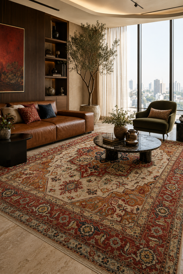 Heritage Medallion Traditional Area Rug styled in a luxury contemporary living room featuring a Persian-inspired medallion design, warm ivory field, antique red borders, and elegant floral detailing.