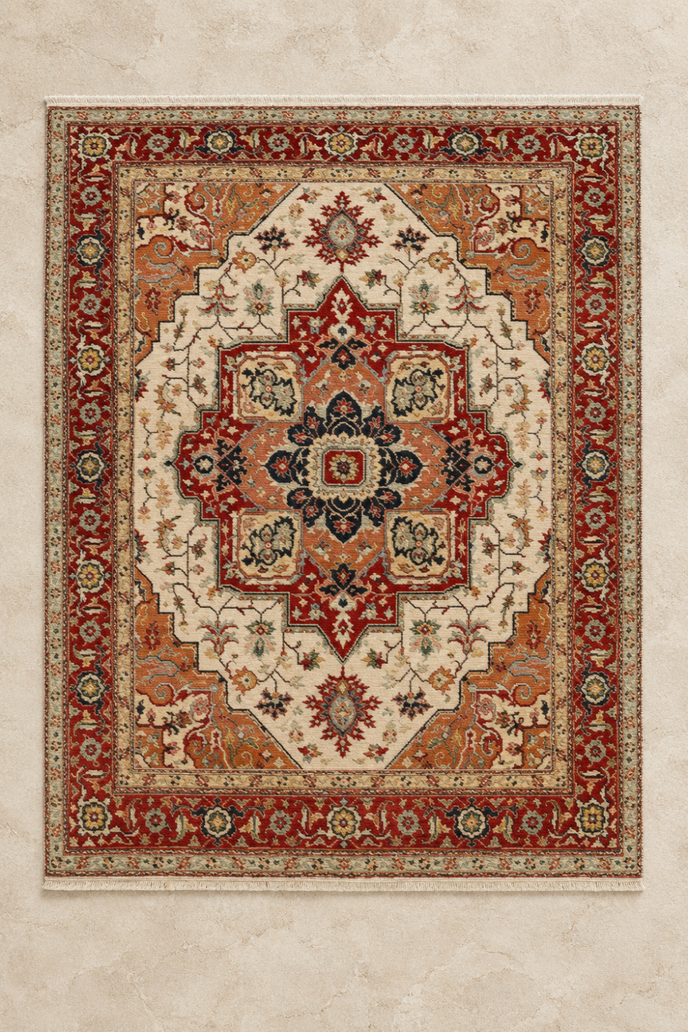 Heritage Medallion Traditional Area Rug with a Persian-inspired geometric medallion, intricate floral motifs, warm ivory background, and antique red decorative border.