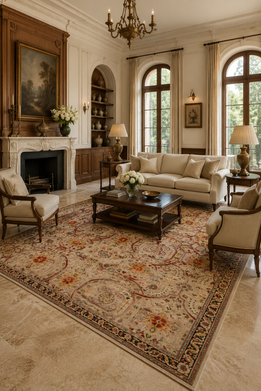 Imperial Herati Traditional Area Rug styled in a luxury living room featuring Persian Herati lattice motifs, floral detailing, and premium hand-knotted craftsmanship.