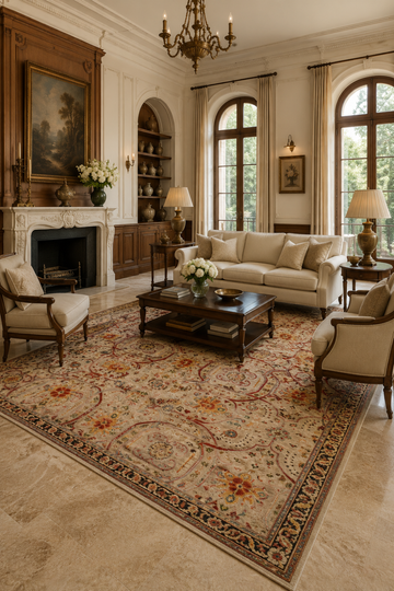 Imperial Herati Traditional Area Rug styled in a luxury living room featuring Persian Herati lattice motifs, floral detailing, and premium hand-knotted craftsmanship.