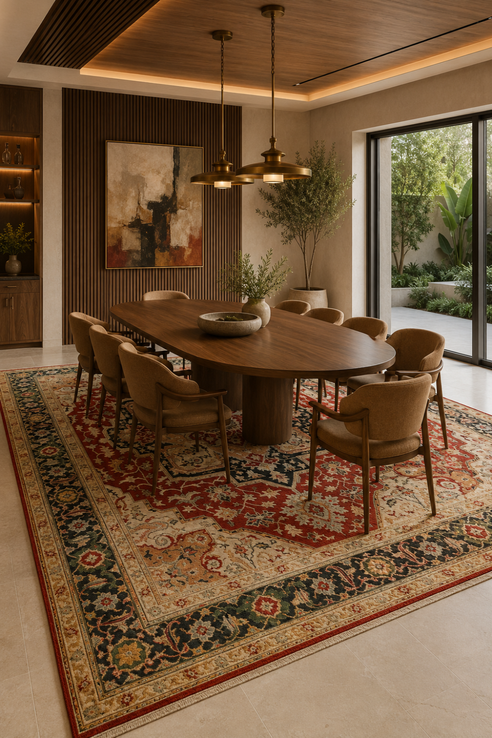 Imperial Heriz Traditional Persian Area Rug styled beneath a luxury dining table featuring a rich brick red medallion, deep navy floral border, and timeless Persian-inspired craftsmanship.