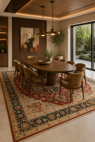 Imperial Heriz Traditional Persian Area Rug styled beneath a luxury dining table featuring a rich brick red medallion, deep navy floral border, and timeless Persian-inspired craftsmanship.