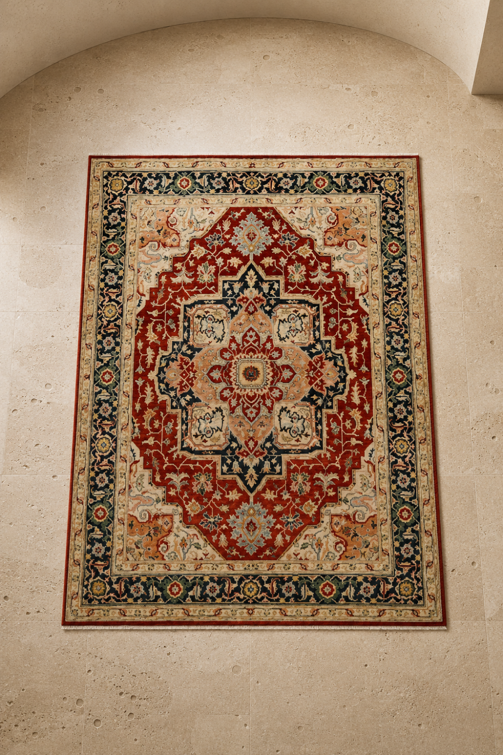 Imperial Heriz Traditional Persian Area Rug featuring a geometric Persian medallion, brick red field, deep navy botanical border, warm ivory accents, and intricate floral motifs.