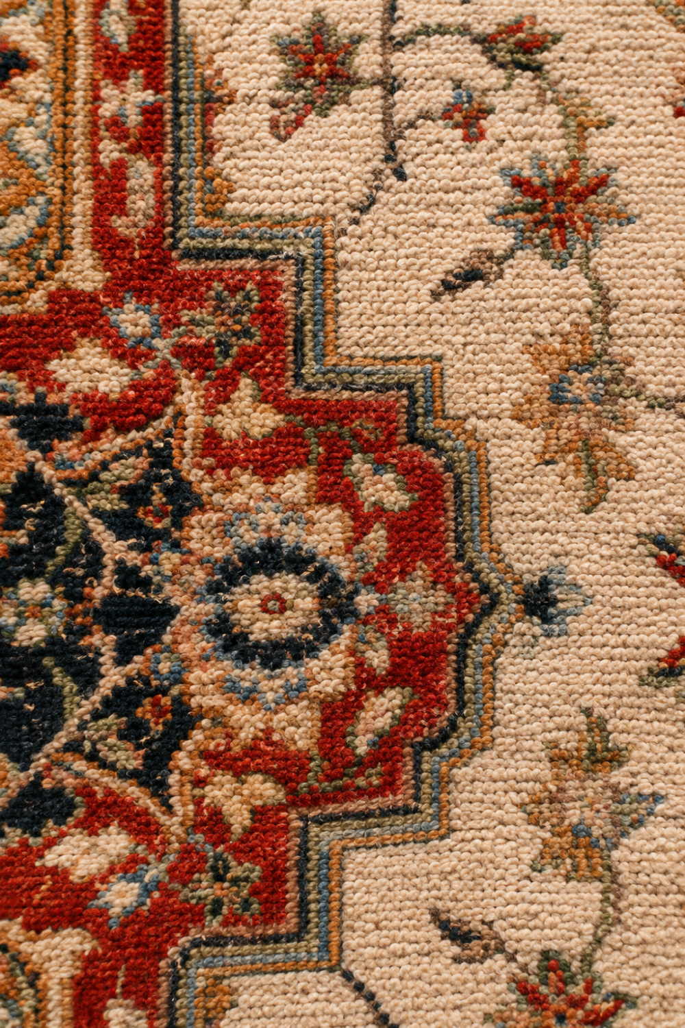 Close-up texture of the Imperial Tabriz Traditional Area Rug showcasing premium handcrafted weave, intricate floral detailing, and rich charcoal navy and ruby red colours.