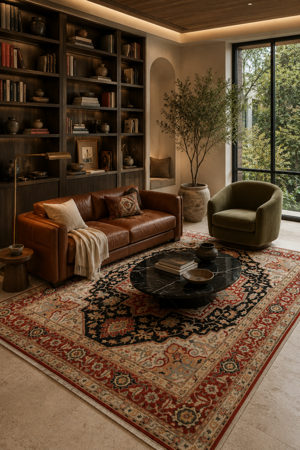 Imperial Tabriz Traditional Area Rug styled in a luxury living room featuring a charcoal navy Persian medallion, ruby red border, and timeless handcrafted elegance.