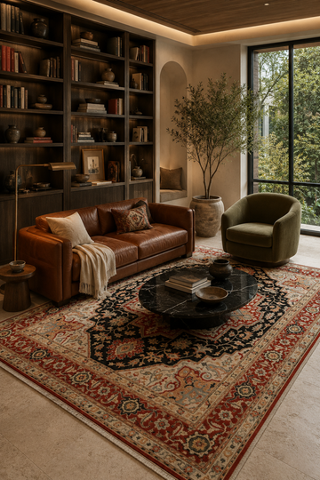 Imperial Tabriz Traditional Area Rug styled in a luxury living room featuring a charcoal navy Persian medallion, ruby red border, and timeless handcrafted elegance.