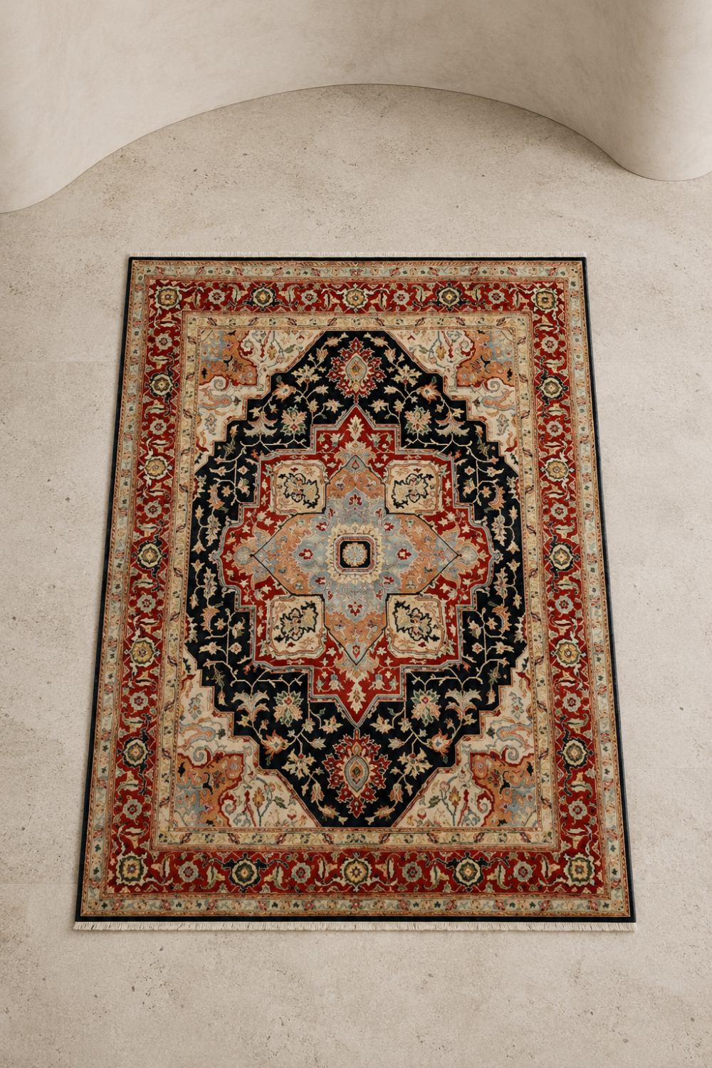 Imperial Tabriz Traditional Area Rug styled in a luxury living room featuring a charcoal navy Persian medallion, ruby red border, and timeless handcrafted elegance.