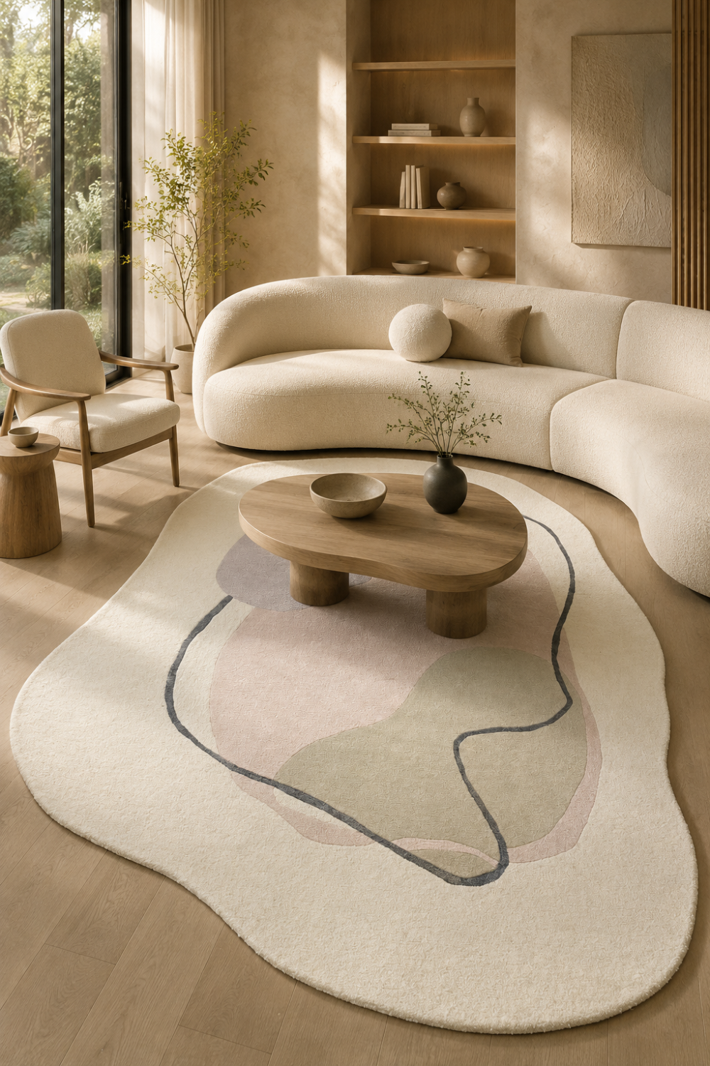 Ivory Bloom abstract rug styled in a luxury modern living room featuring soft ivory, blush pink and sage green organic patterns.