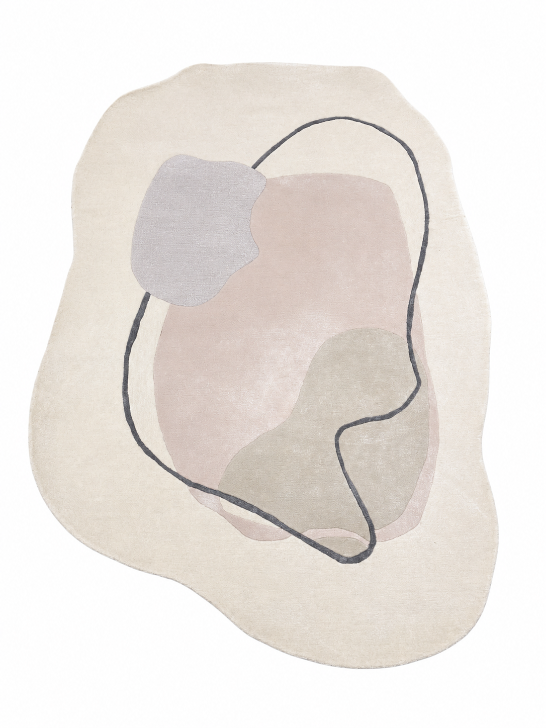 Ivory Bloom organic shape abstract area rug featuring ivory, blush pink, sage green and charcoal accents on a soft neutral background.