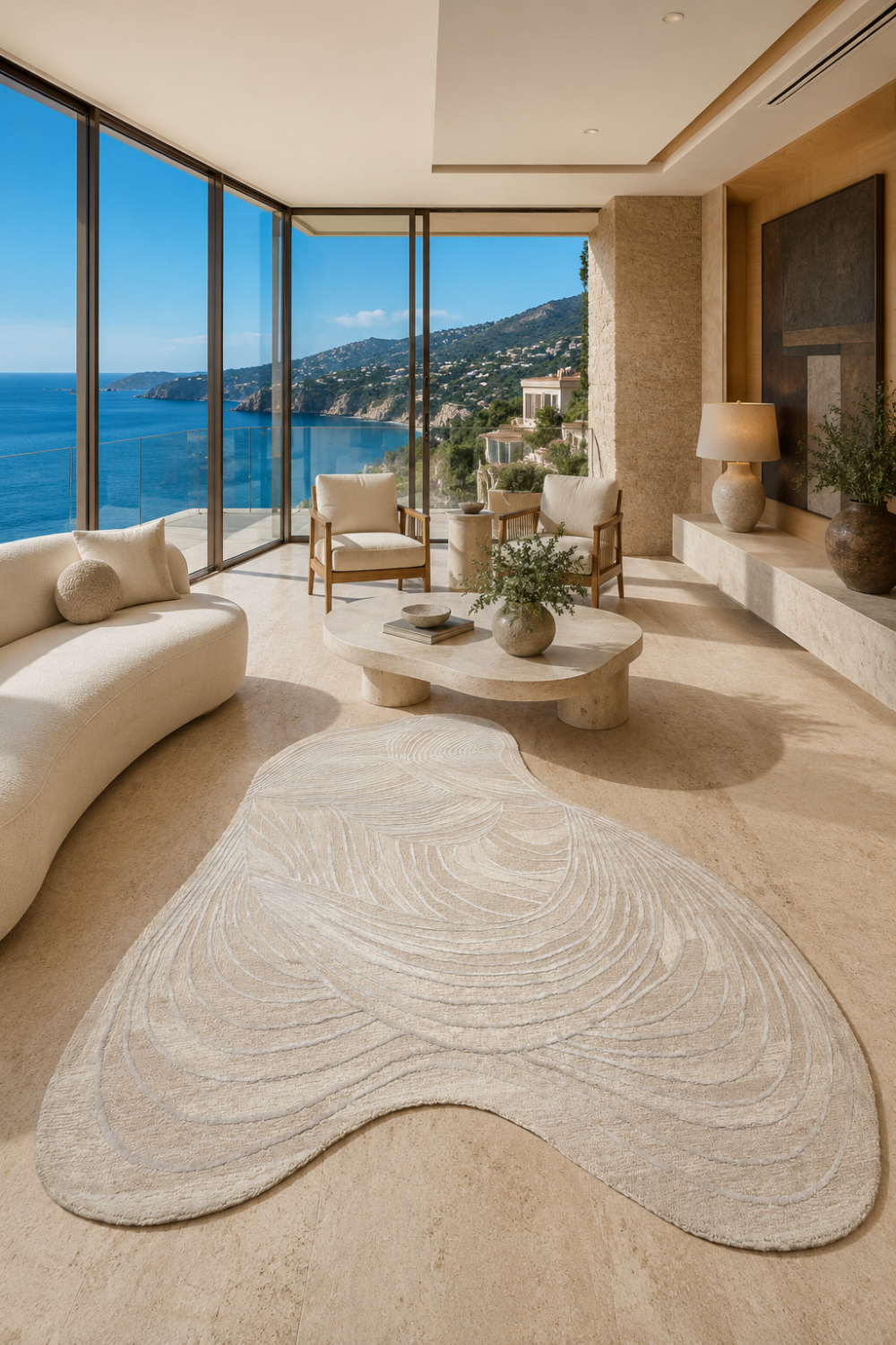 Luxury Ivory Crest organic rug displayed in a contemporary coastal living room featuring elegant carved contour patterns in soft ivory tones.