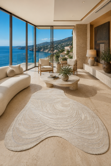 Luxury Ivory Crest organic rug displayed in a contemporary coastal living room featuring elegant carved contour patterns in soft ivory tones.