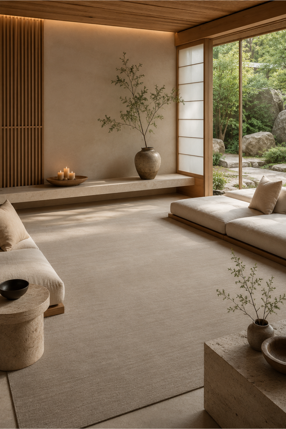Ivory Essence luxury handloom New Zealand wool ivory area rug styled in a Japandi inspired contemporary living room with natural wood interiors