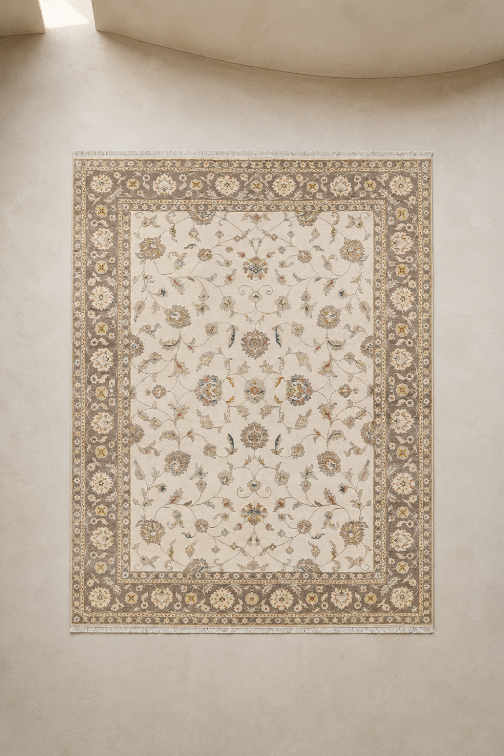Ivory Garden Traditional Persian Area Rug featuring an all-over floral vine pattern, warm ivory background, taupe botanical border, and intricate Persian-inspired detailing.