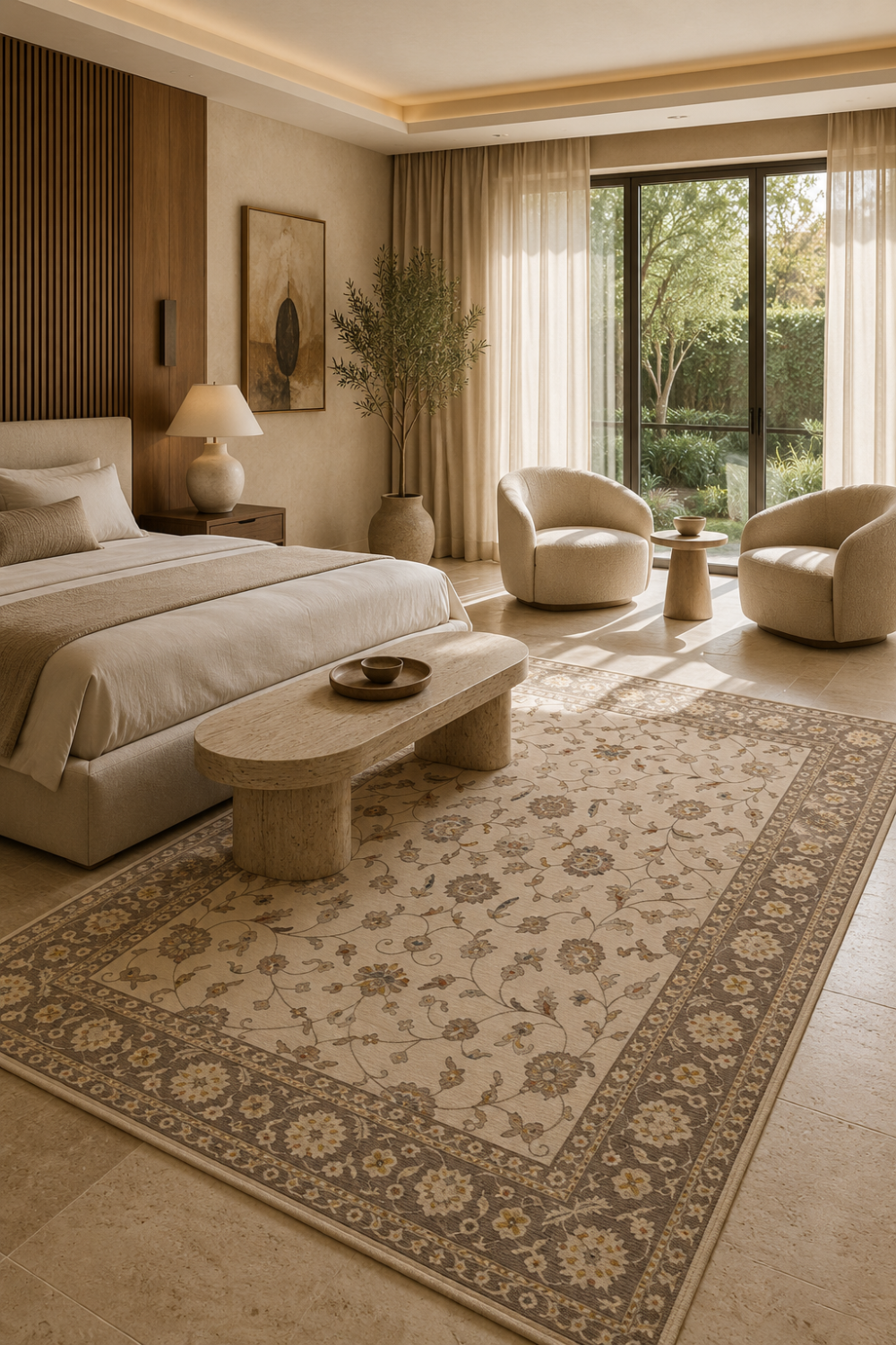 Ivory Garden Traditional Persian Area Rug styled in a luxury bedroom featuring an elegant ivory floral field, taupe border, and timeless Persian-inspired botanical design.