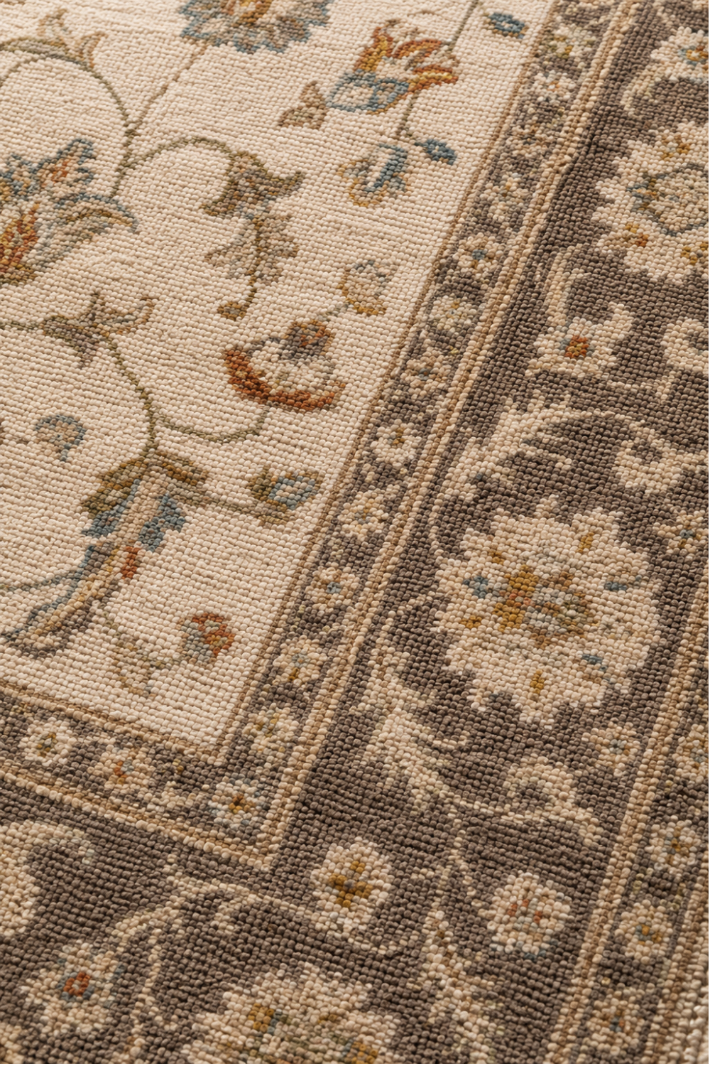 Close-up texture of the Ivory Garden Traditional Persian Area Rug showcasing delicate floral motifs, intricate woven detailing, and premium craftsmanship.