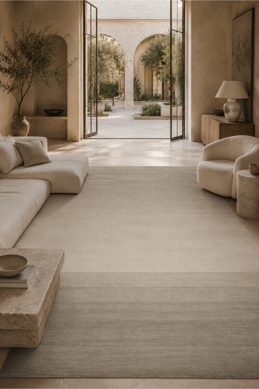 Ivory Horizon luxury handloom New Zealand wool ivory and taupe area rug styled in an elegant organic modern living room