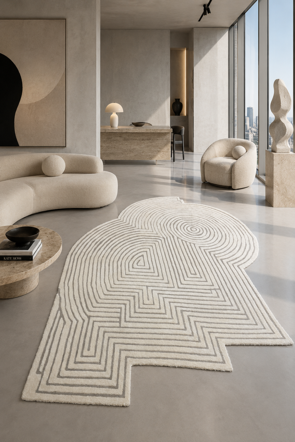 Luxury Ivory Labyrinth abstract rug in a modern designer living room featuring geometric maze-inspired patterns and sculptural contours.