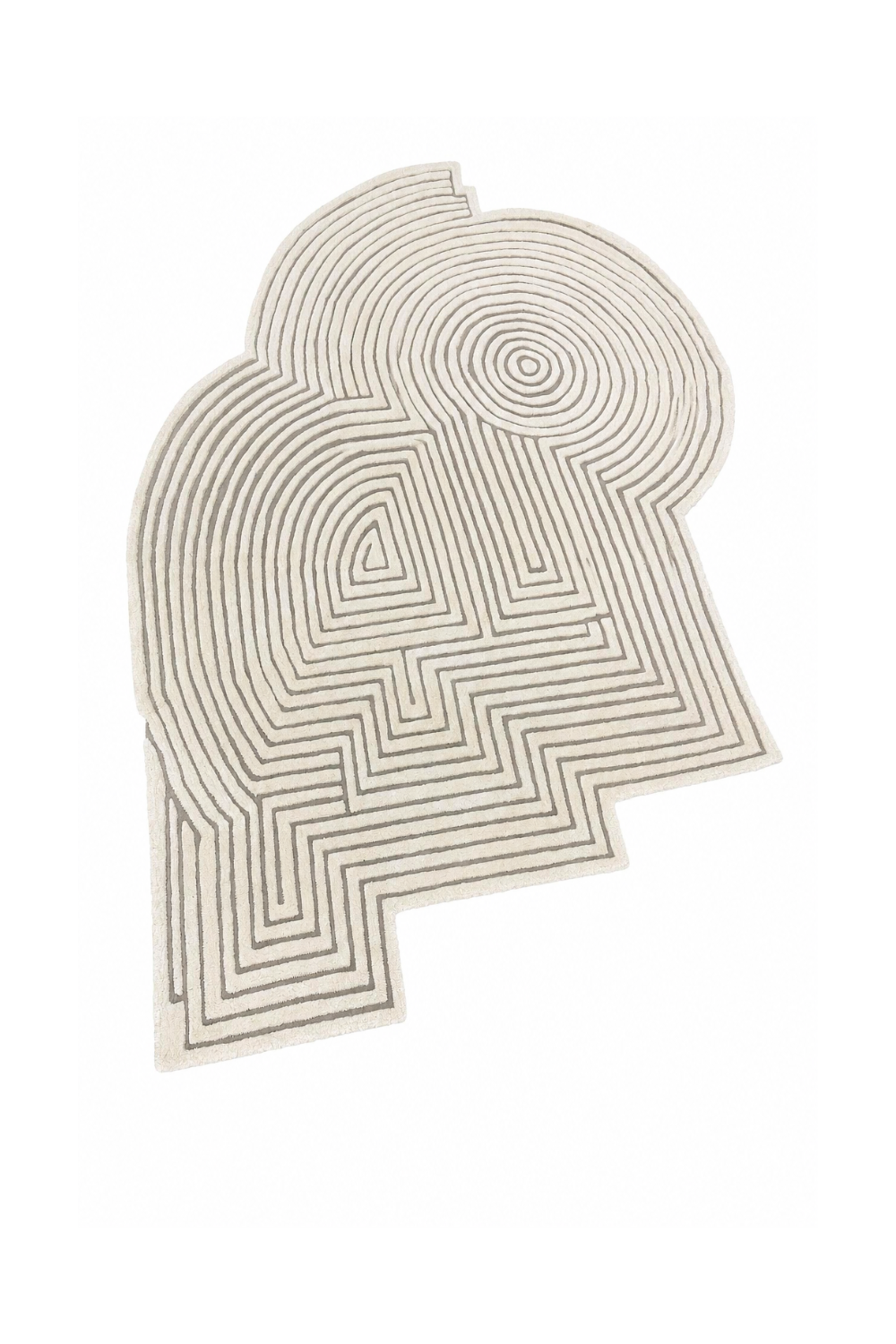 Top view of Ivory Labyrinth luxury abstract rug showcasing freeform shape and architectural geometric labyrinth design.