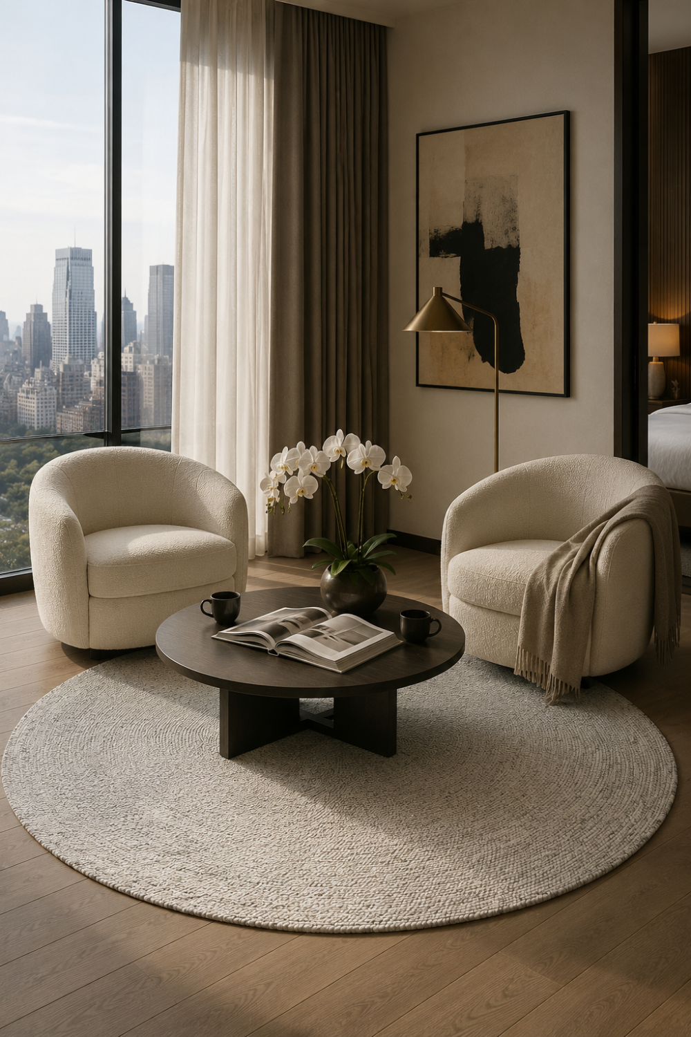 Ivory Loop Round Rug styled in a modern luxury living room with boucle chairs, a dark wood coffee table and soft neutral décor.