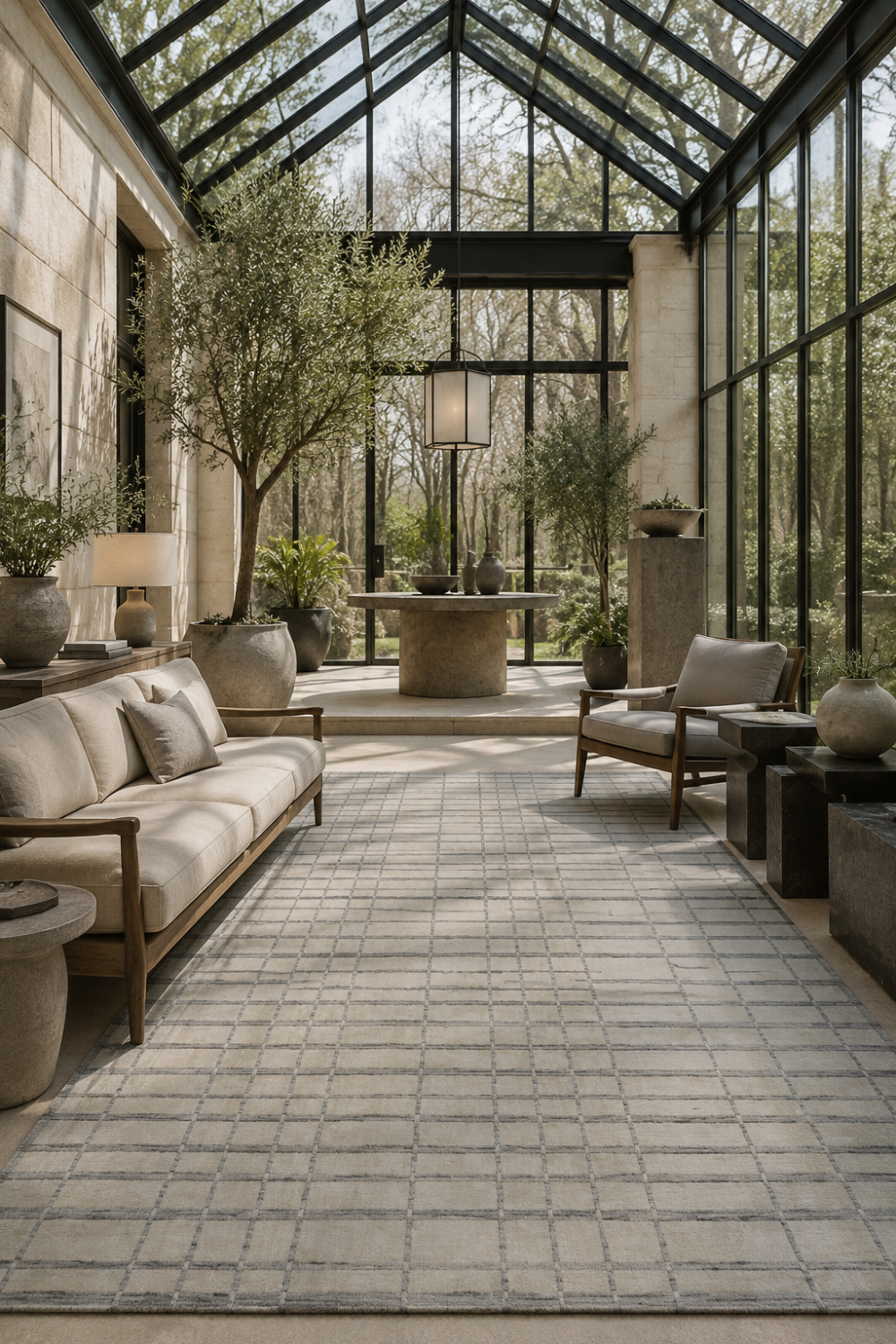 Linen Grid luxury handloom wool and viscose ivory grey contemporary area rug styled in a bright modern living room with architectural interiors