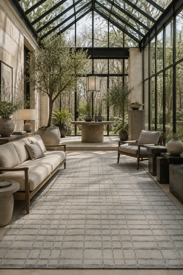 Linen Grid luxury handloom wool and viscose ivory grey contemporary area rug styled in a bright modern living room with architectural interiors