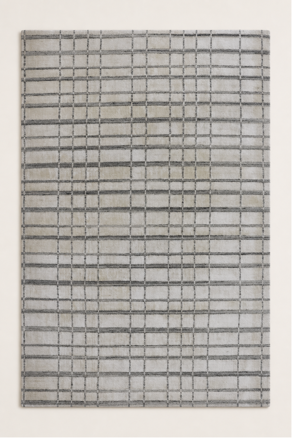 Linen Grid handloom New Zealand wool and viscose contemporary ivory area rug featuring a fine grey geometric grid pattern