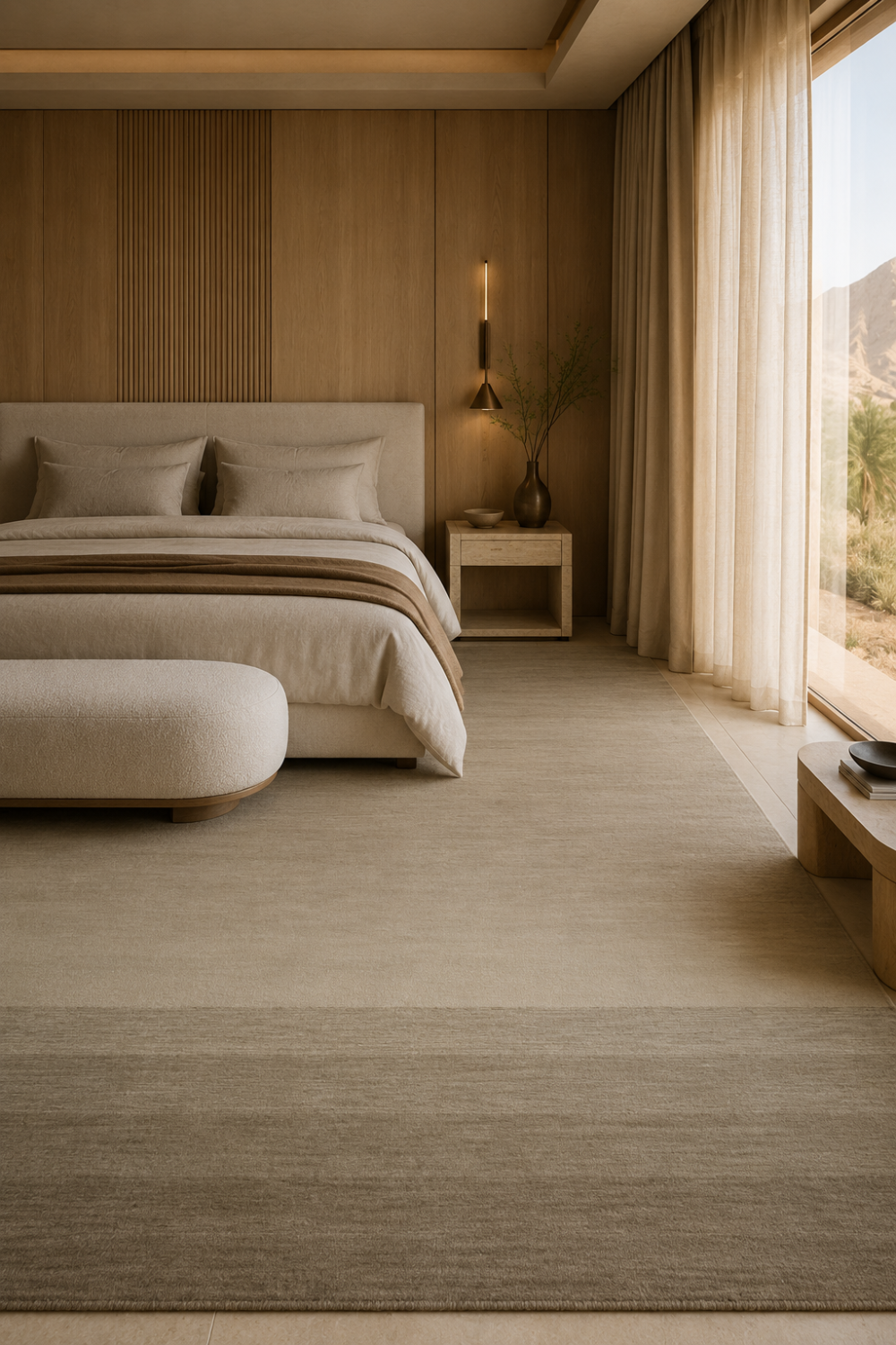 Linen Horizon luxury handloom New Zealand wool rug featuring soft tonal shading with warm ivory, beige and taupe gradient in a contemporary luxury bedroom