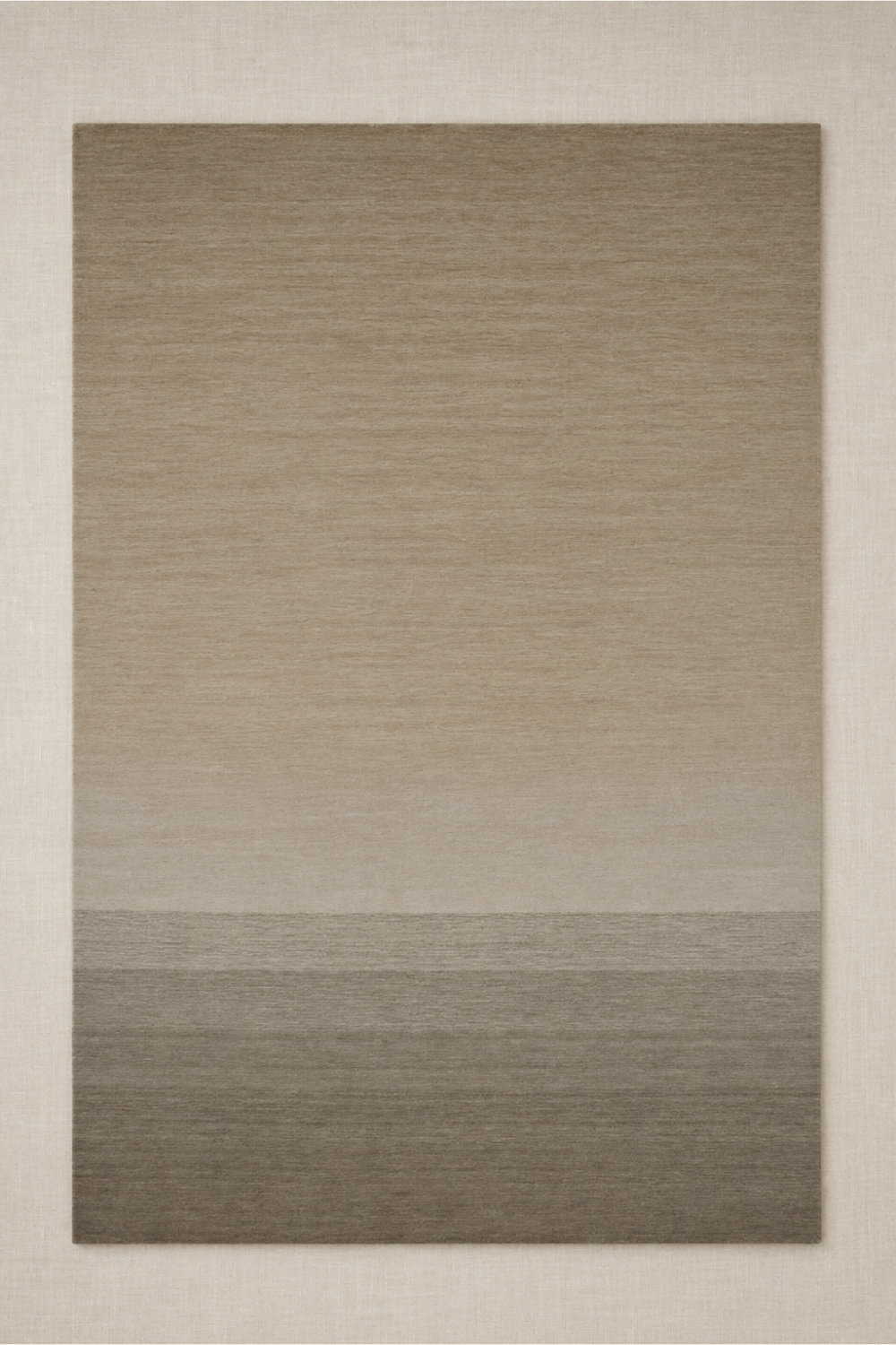 Linen Horizon handloom New Zealand wool rectangular area rug with ivory, beige and taupe gradient on a neutral background