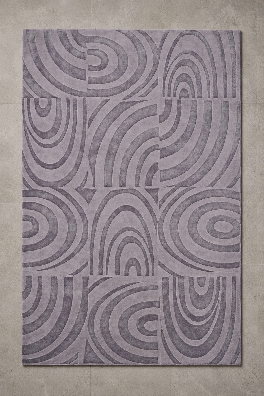 Lunar Arc Rug handcrafted in Handloom Viscose Tencel Bamboo with a carved geometric concentric arc self-design in silver grey.
