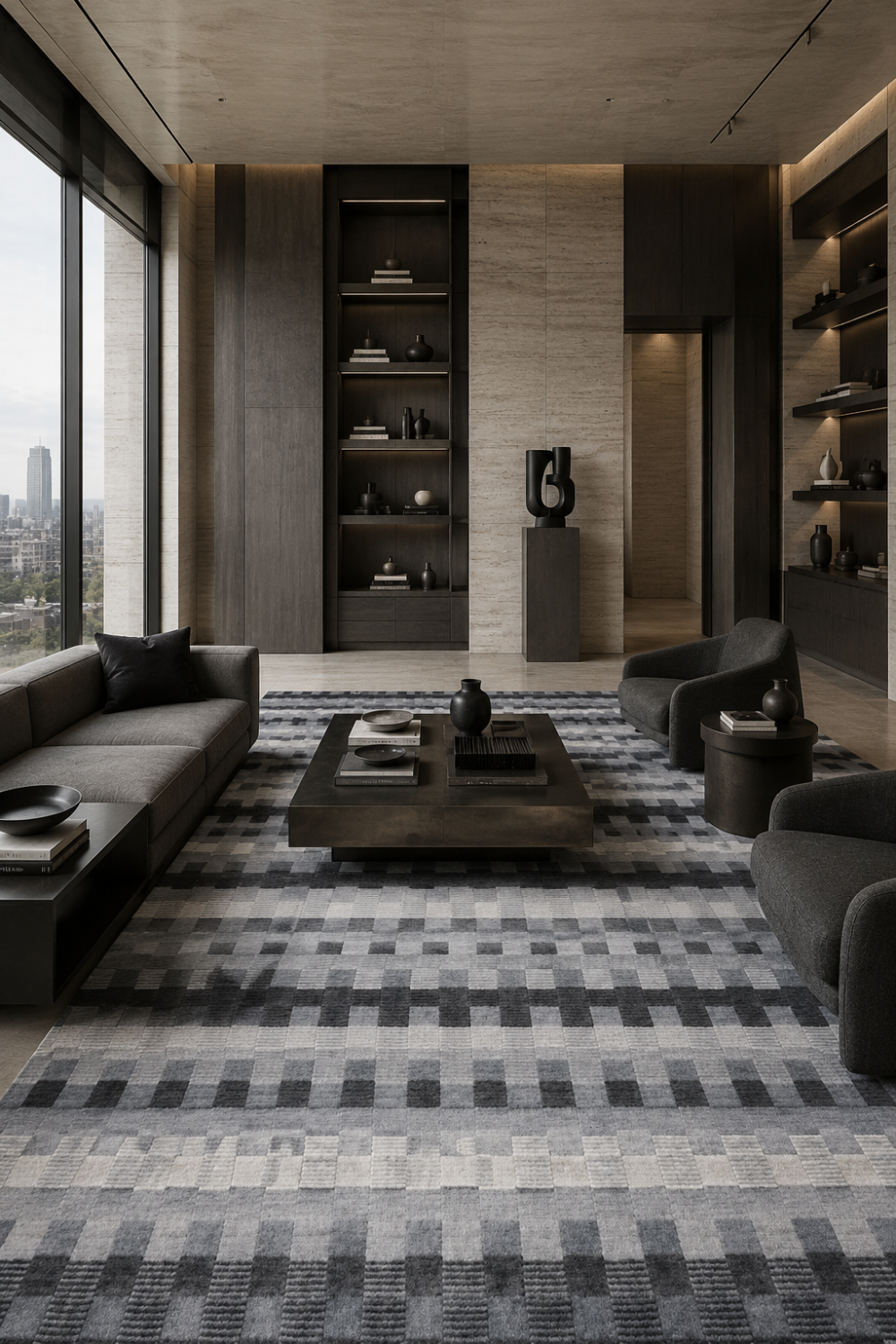 Metro Mosaic luxury handloom wool and viscose box rug styled in a contemporary designer living room with modern furniture and architectural interiors