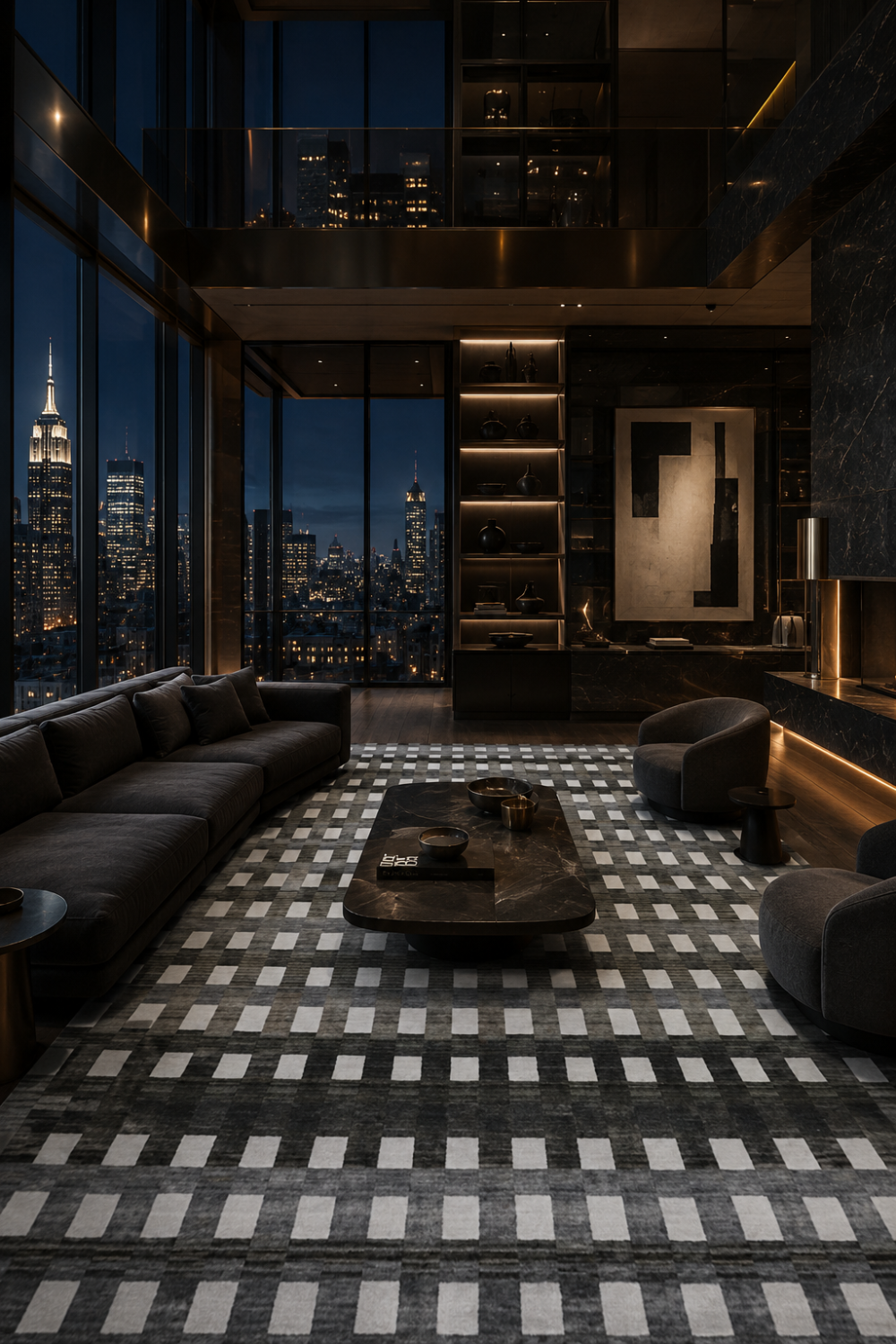 Metropolitan Grid luxury handloom wool and viscose contemporary box rug styled in a modern luxury living room with architectural interiors