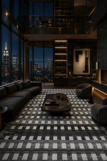 Metropolitan Grid luxury handloom wool and viscose contemporary box rug styled in a modern luxury living room with architectural interiors