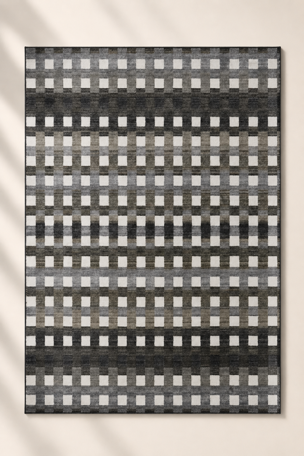Metropolitan Grid handloom New Zealand wool and viscose area rug featuring a contemporary boxed geometric grid pattern in charcoal grey ivory and taupe