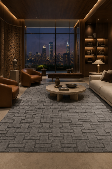 Metropolitan Weave Rug in Handloom Viscose Tencel Bamboo styled in a luxury contemporary living room featuring a carved basket-weave geometric pattern in elegant grey tones.