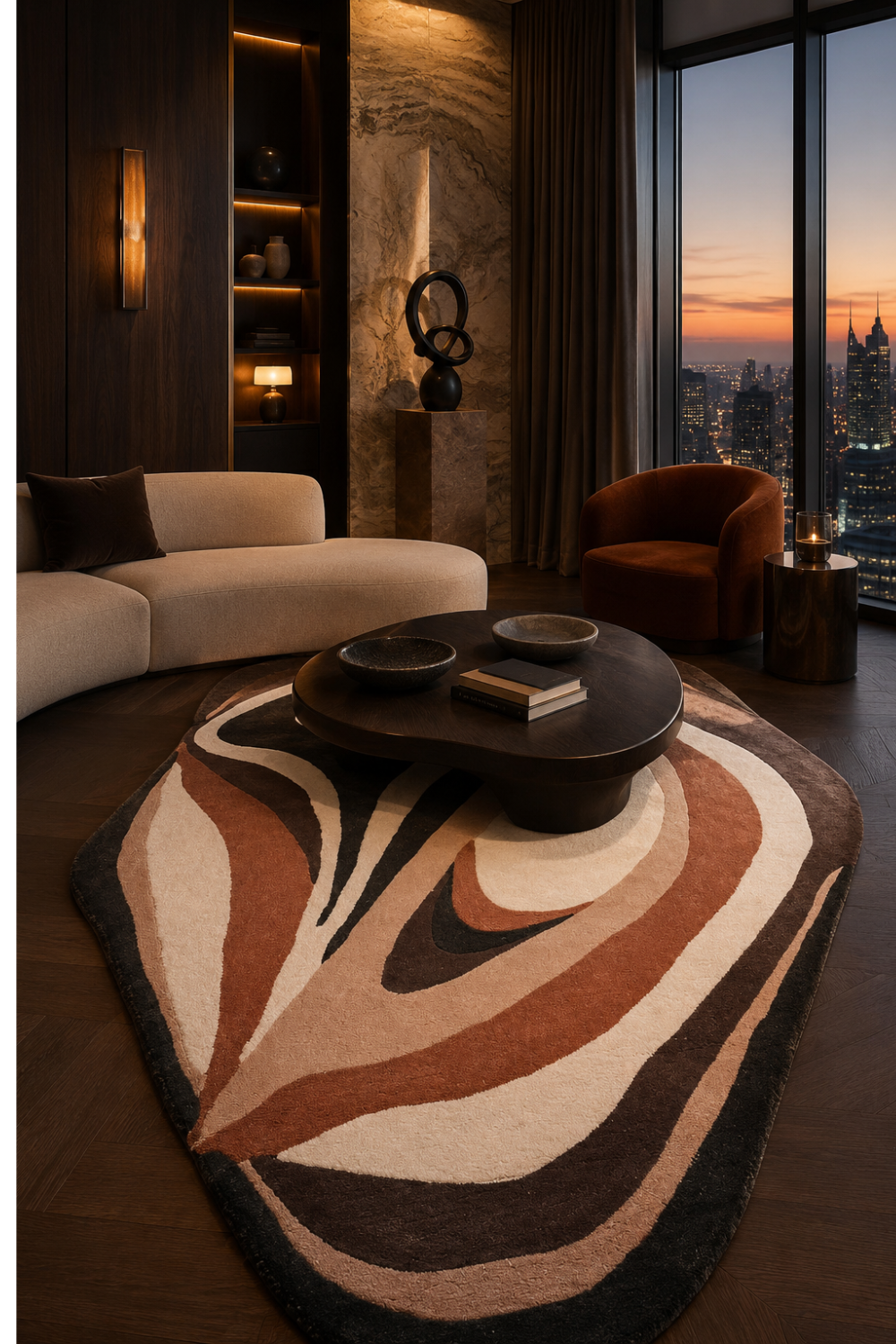 Luxury Midnight Canyon abstract rug in a contemporary penthouse living room featuring flowing earth-tone contours and organic artistic design.