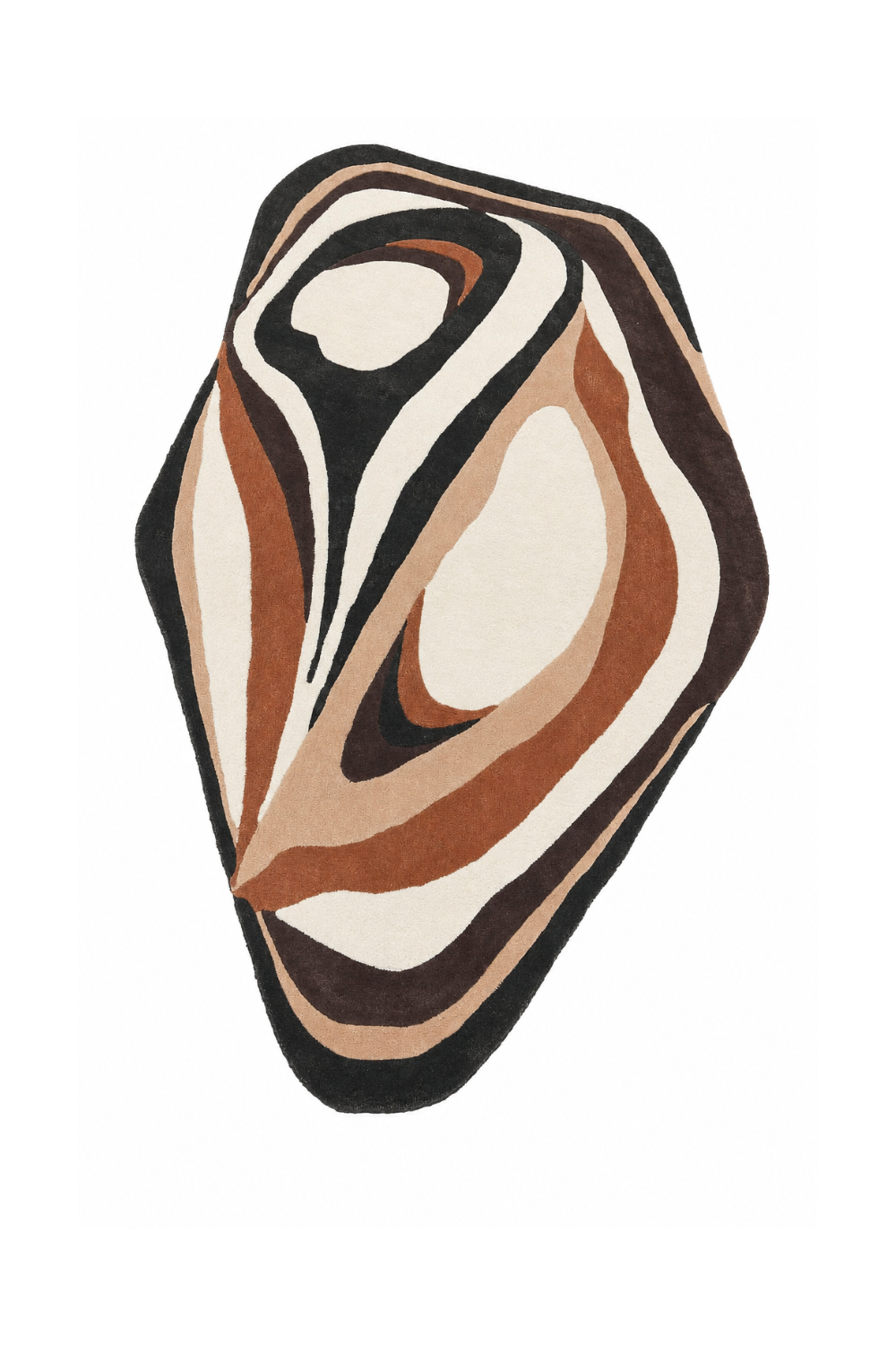 Top view of Midnight Canyon luxury abstract rug showcasing organic freeform shape and layered canyon-inspired pattern.
