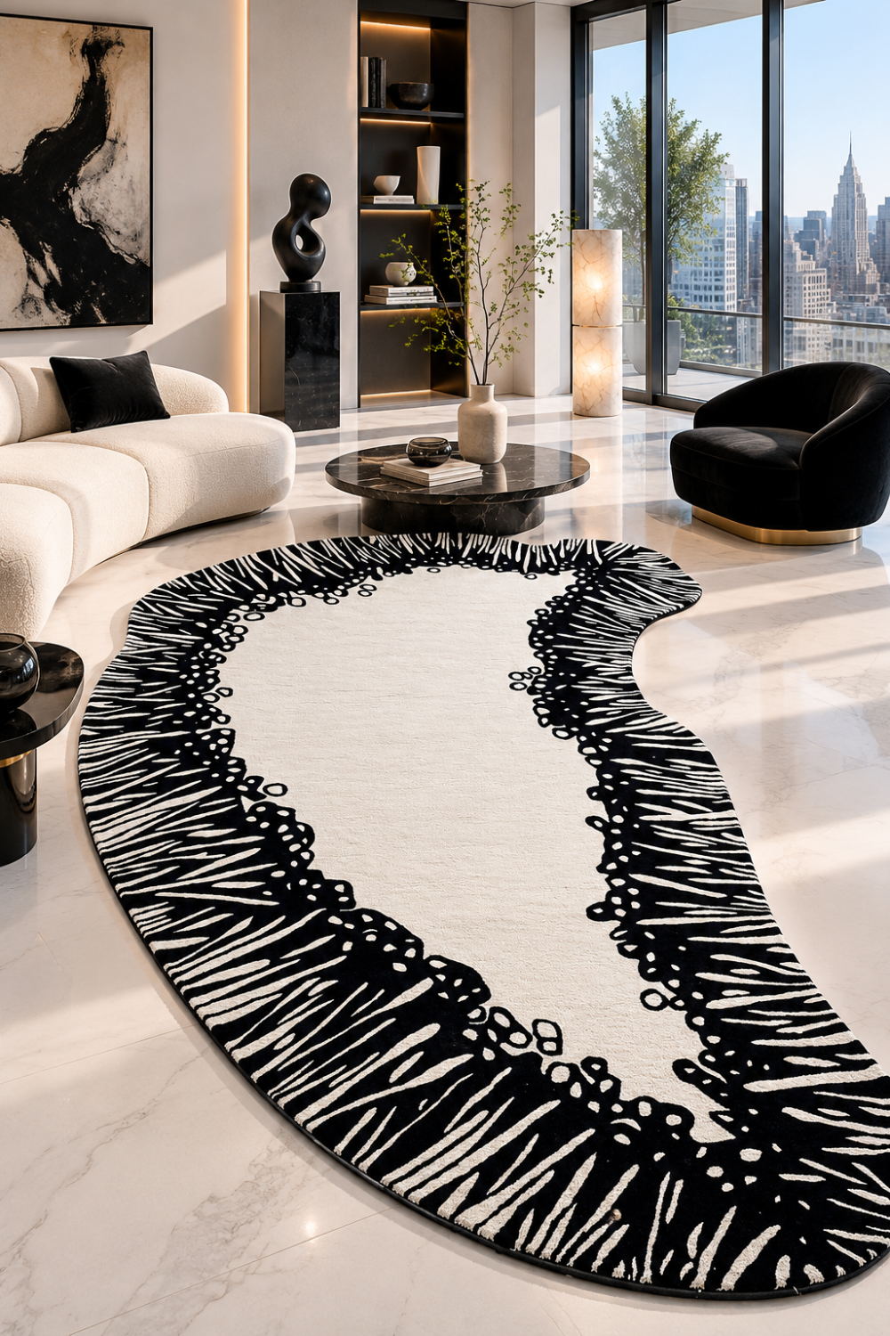 Luxury Midnight Coral Organic Rug styled in a modern designer living room featuring sculptural furniture and contemporary decor.